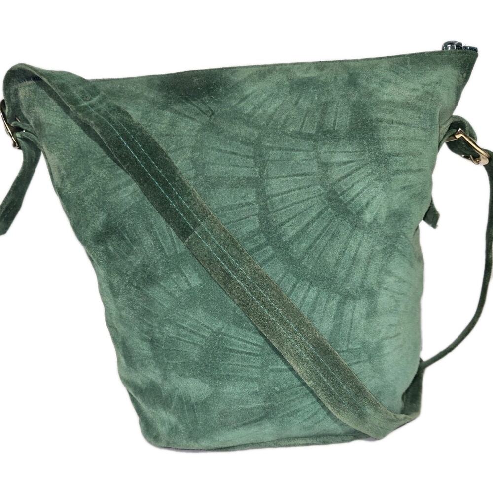 Etra Green Geniune Leather Bucket Bag Crossbody Purse Fan Design Boho